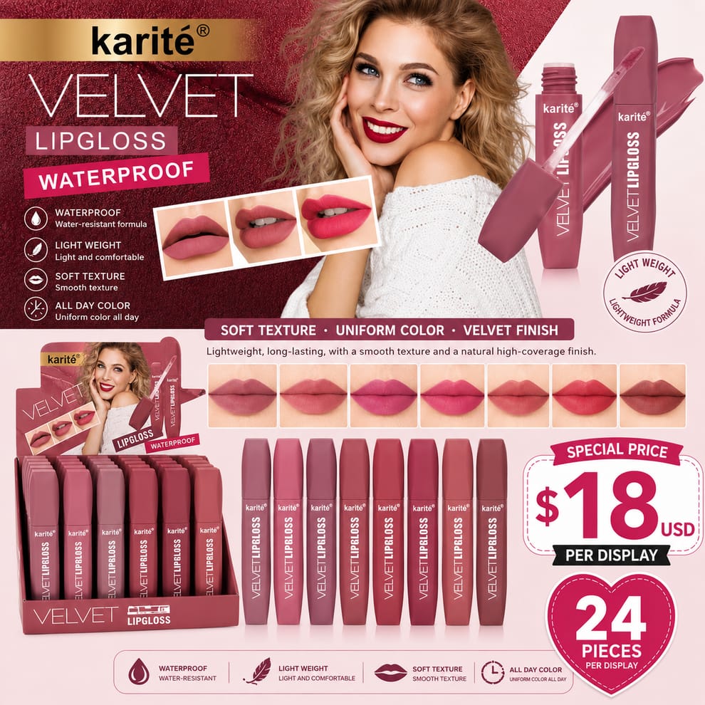 KARITE Velvet Lipgloss waterproof = 24pcs Display
