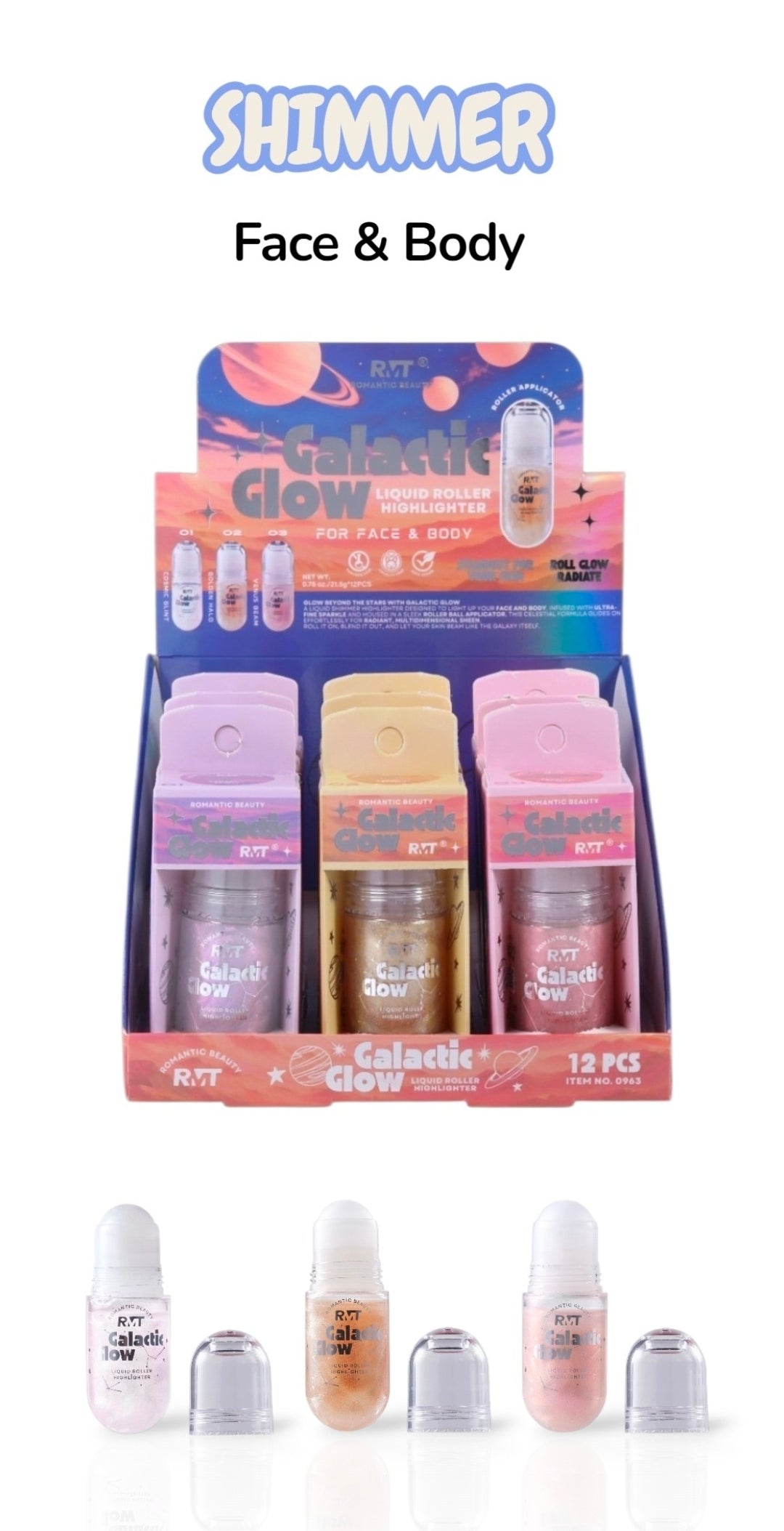 ROMANTIC BEAUTY Galactic Glow Liquid Roller  - Face & Body / 12pcs Display