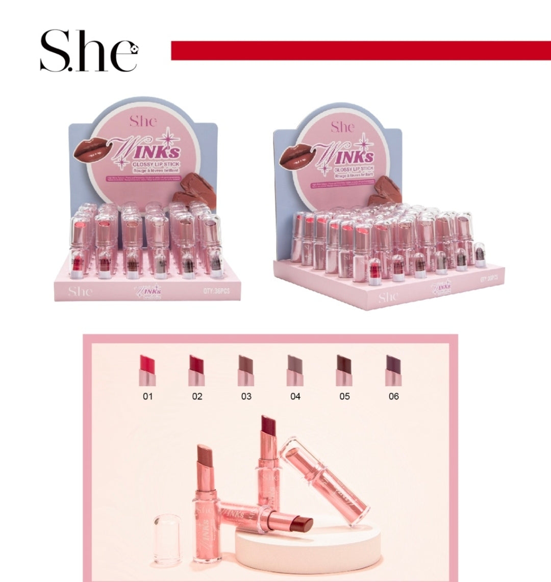 SHE MAKEUP Winks Glossy Lipstick / 36pcs Display