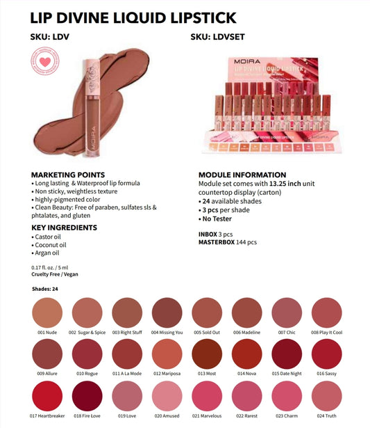 Moira Lip Divine Liquid Lipstick #LDVSET w/ Display | 72pcs Display