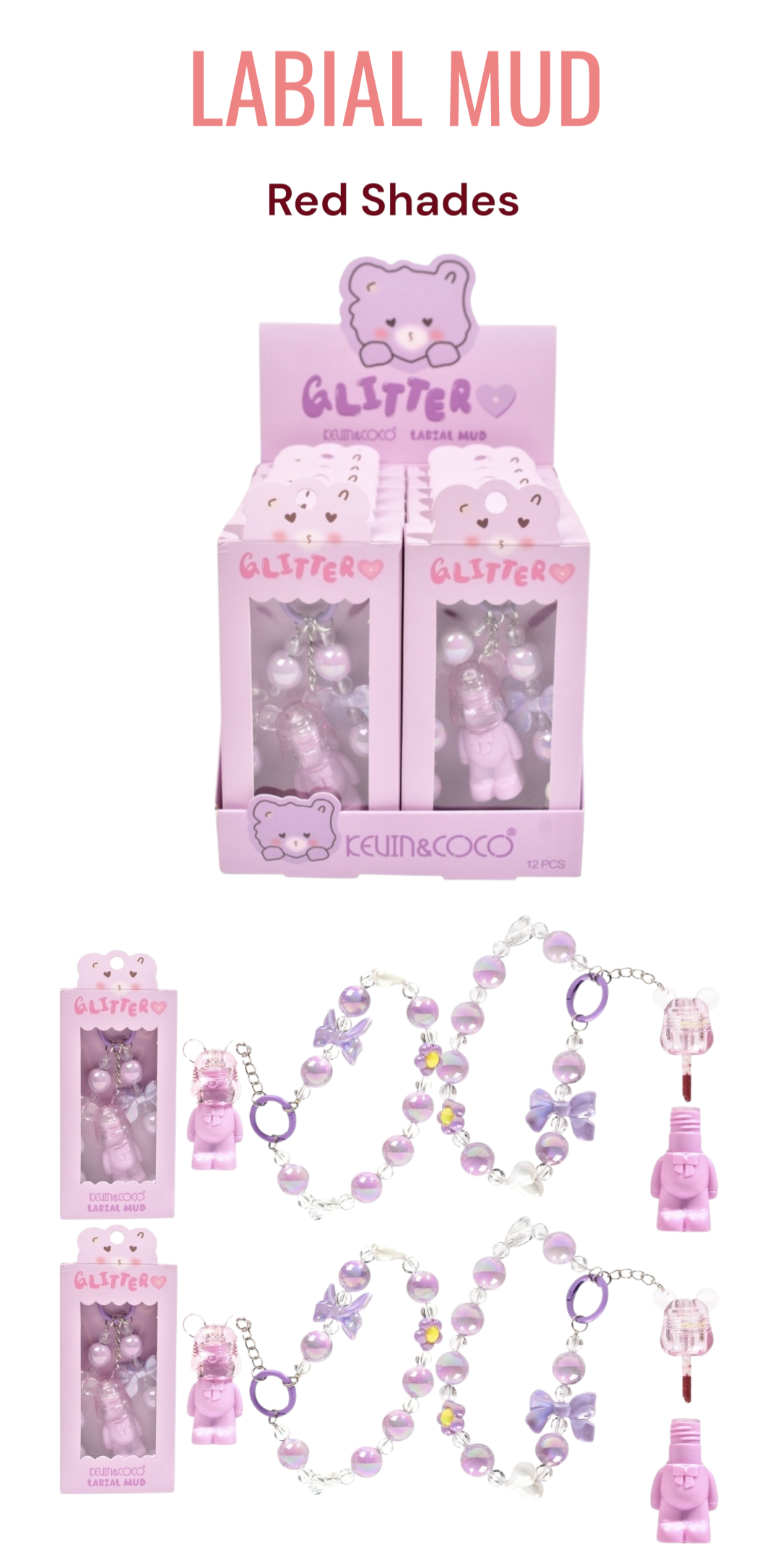 KEVIN&COCO Keychain labial mud - Red Shades / 12pcs Display