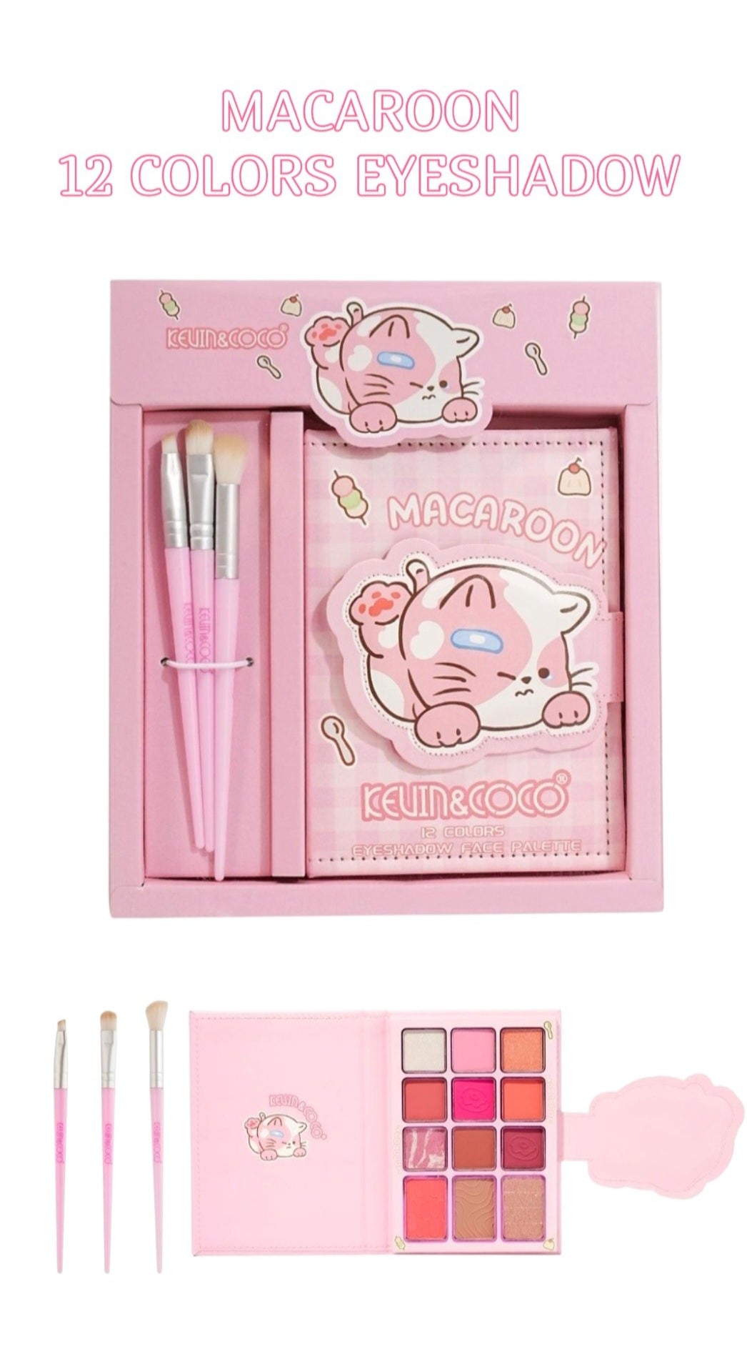 KEVIN&COCO Macaroon 12 Colors Eyeshadow Face Palette w/ Brush / 3Set pack
