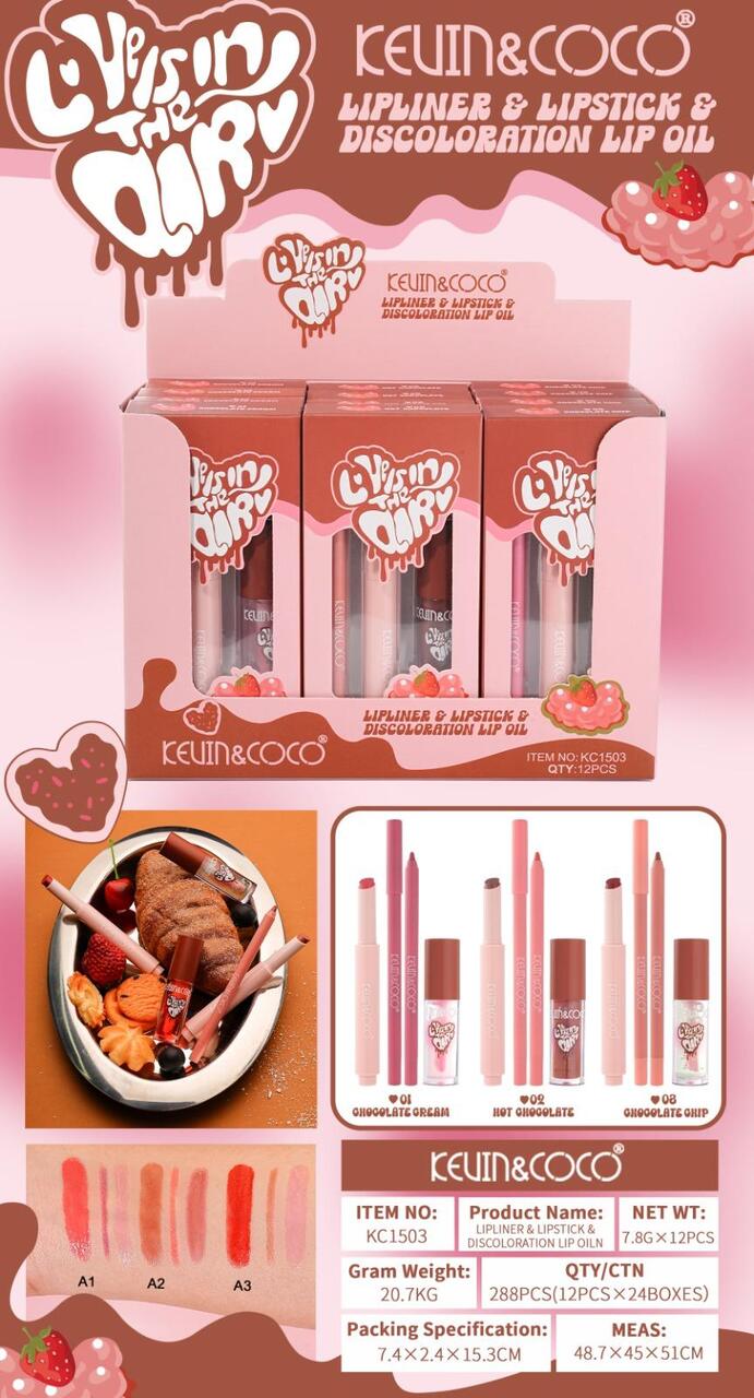 KEVIN&COCO Set de Labios - Delineador de Labios - Aceite Labial y Pintalabios / Expositor de 12 Unidades
