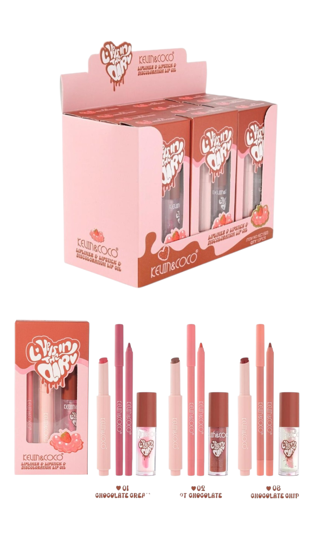 KEVIN&COCO Set de Labios - Delineador de Labios - Aceite Labial y Pintalabios / Expositor de 12 Unidades