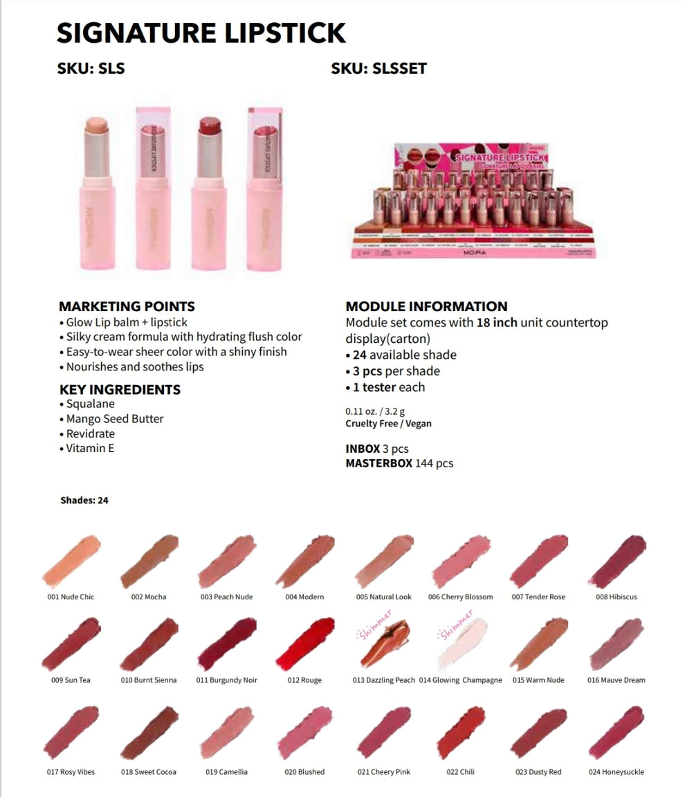 MOIRA Signature Lipstick Balm Texture + Lip Shine w/ Display 72pcs Dis ...