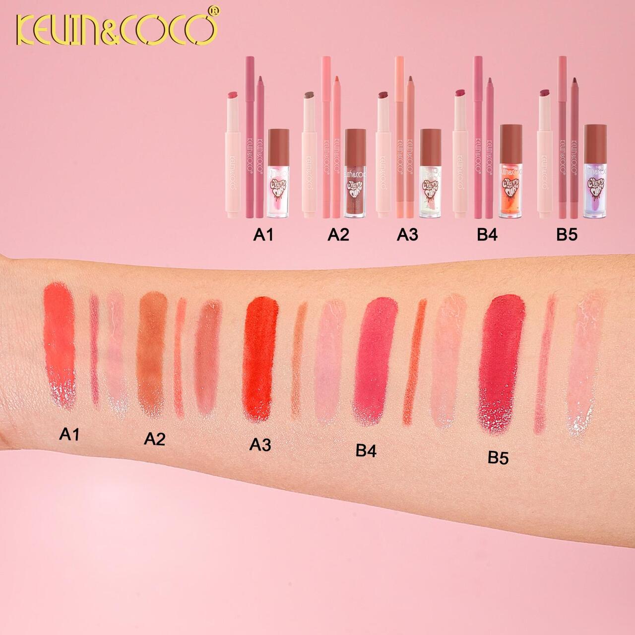 KEVIN&COCO Set de Labios - Delineador de Labios - Aceite Labial y Pintalabios / Expositor de 12 Unidades