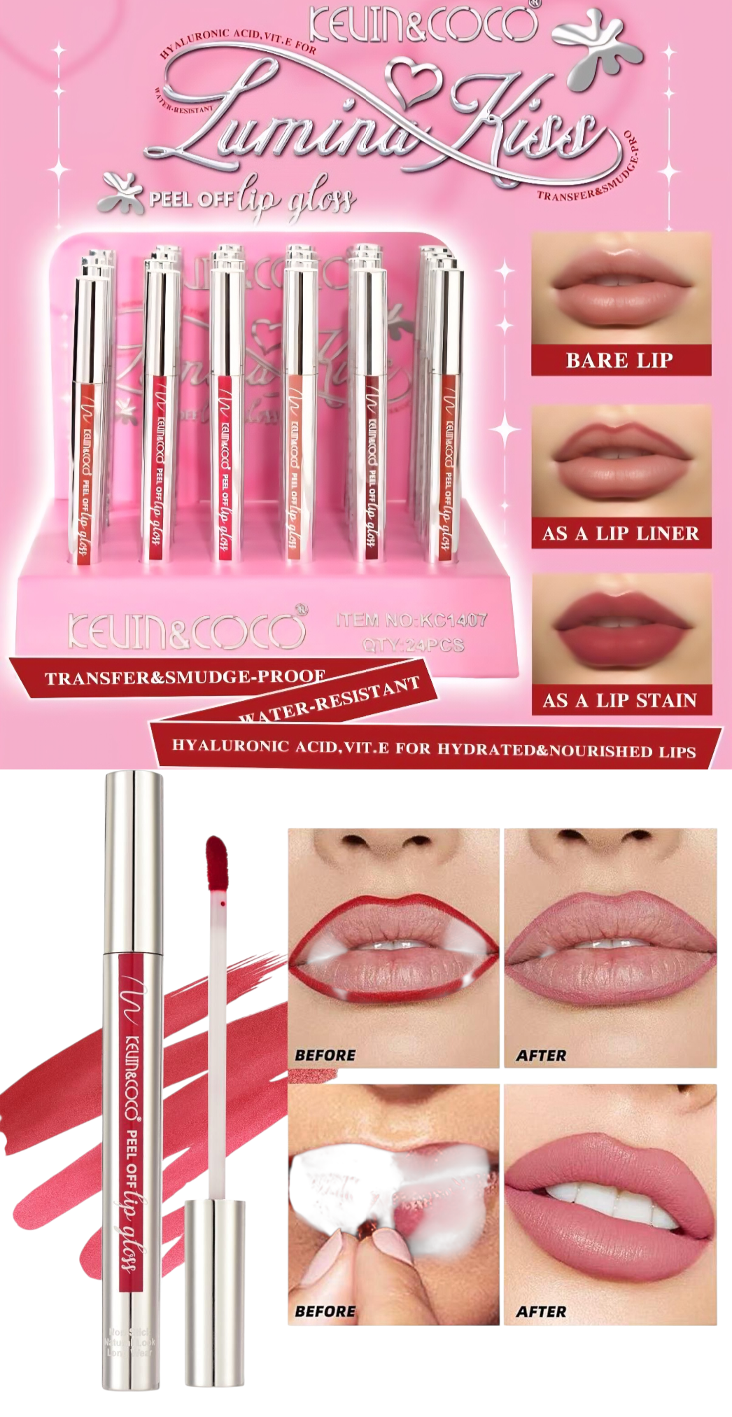 Brillo labial de arrastre KEVIN&COCO Lumina Kiss / Exhibidor de 24 unidades
