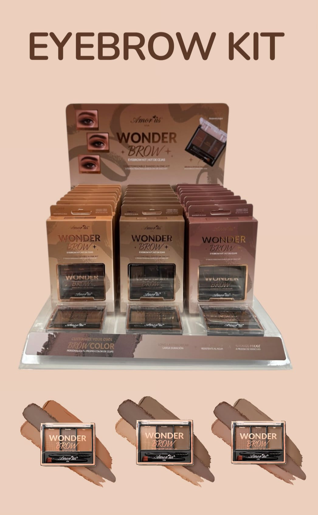 Amorus - Crema y Polvo de Gel para Cejas Wonder #CO-EBPDN - Expositor de 24 unidades