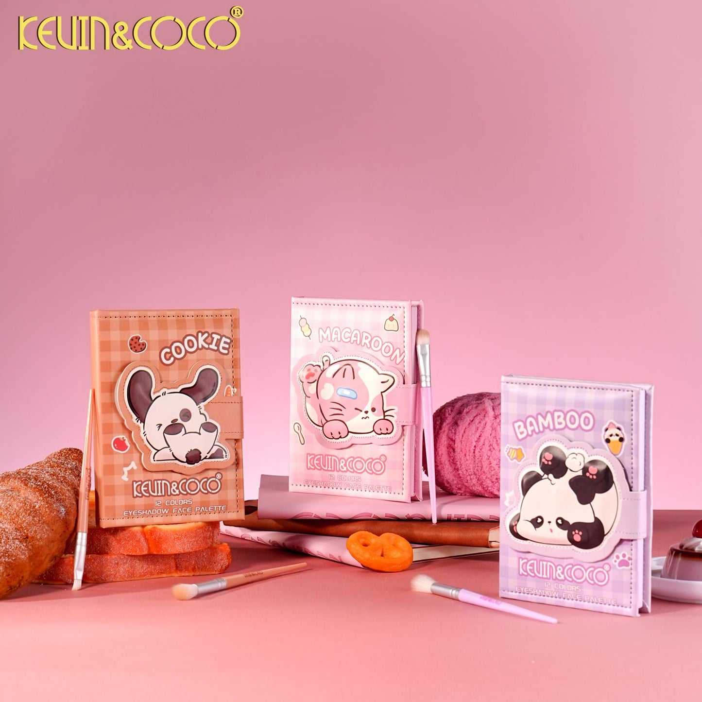 KEVIN&COCO Macaroon 12 Colors Eyeshadow Face Palette w/ Brush / 3Set pack