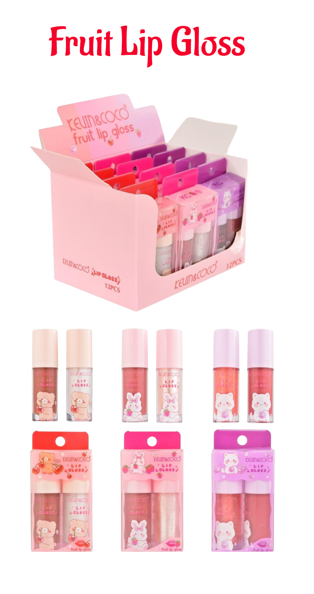 KEVIN&COCO Brillo labial con frutas | Brillo y color / Expositor de 12 unidades