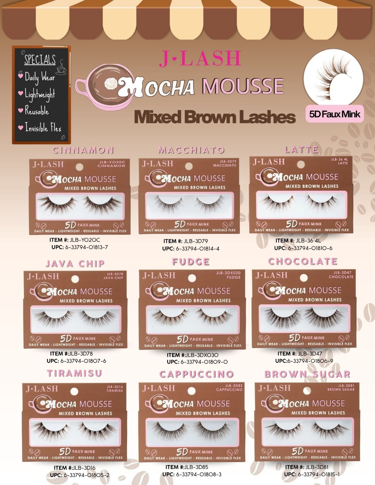 JLASH Mousse Mocha Pestañas postizas marrones mixtas / 36 unidades Exhibidor