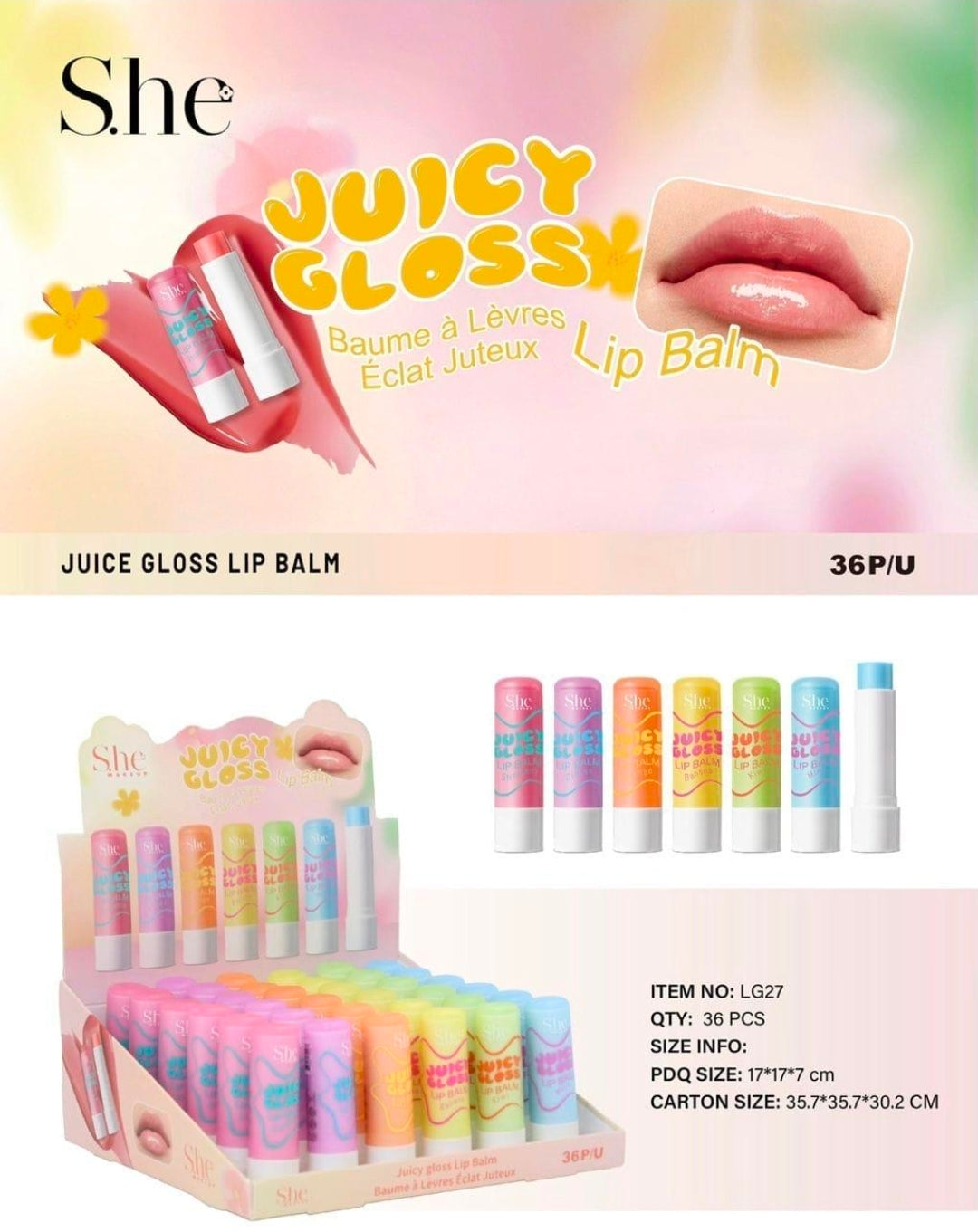 SHE MAKEUP Juicy Gloss Lip Balm 36pcs Display